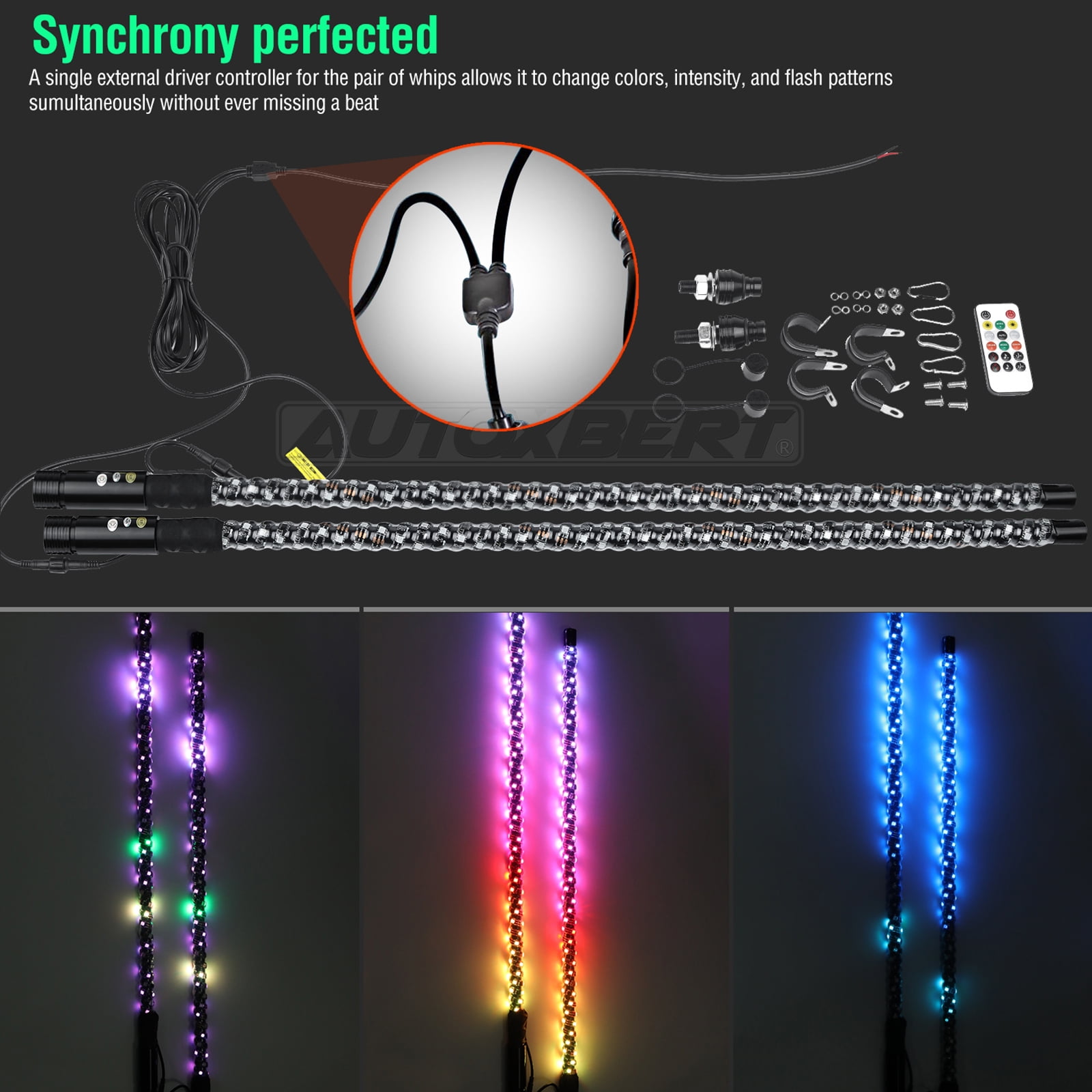 AUTOXBERT 2PCS 3FT RGB LED Whip Light DIY Chasing Patterns Antenna Lighted Whips for ATV UTV