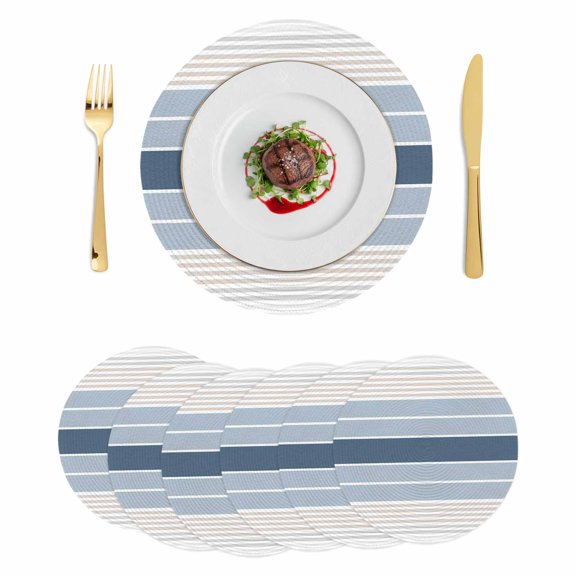 Grey Blue Stripes Round 13 Inch Placemats Set of 6, Country Modern Gradient Lines Art HeatResistant Non Slip Place Mats for Dining Table, Wipeable Braided Kitchen Table Mats for Housewarming