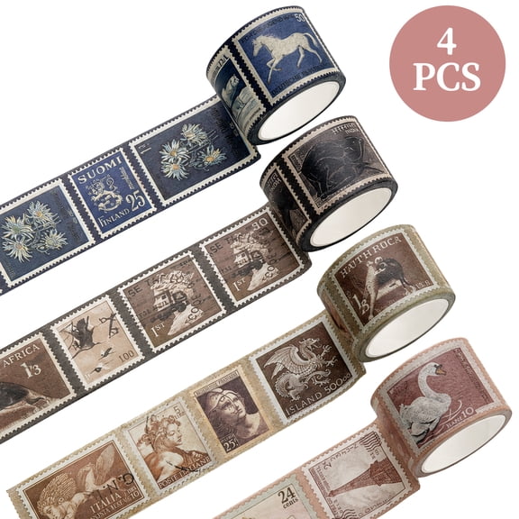 Vintage Stamp Washi Tape Set 4 Rolls Postage Style Decorative Paper Tape for Journaling Scrapbooking Crafts