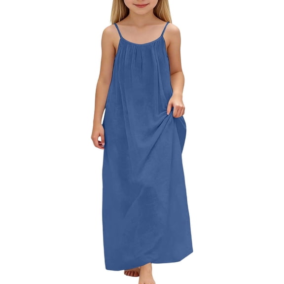 VNKIDY Girls Kids Solid Color Linen-Blend Maxi Dress Spaghetti Strap Ruched Neckline Casual Dress With Side Pockets For Summer Daily Wear Lovely Dress
