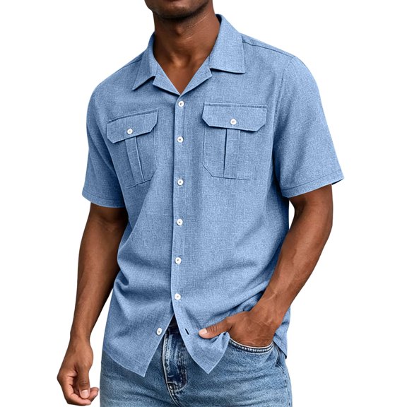 CBASIHI Mens Short Sleeve Button Down Shirts with Pockets- Breathable Loose Fit Collared Casual Summer Business Work Wear Top Light Blue Size S-3XL
