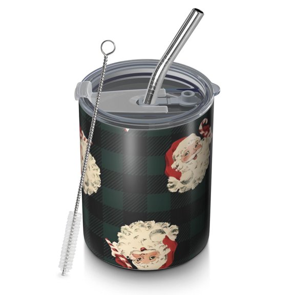 12oz Coffee Tumblers Green and Black Christmas Plaid Santa Pattern Stainless Steel Vacuum Insulated Travel Tumbler Coffee Cups Mug with Lid and Straw with Cleaning Brush for Cold & Hot Drinks