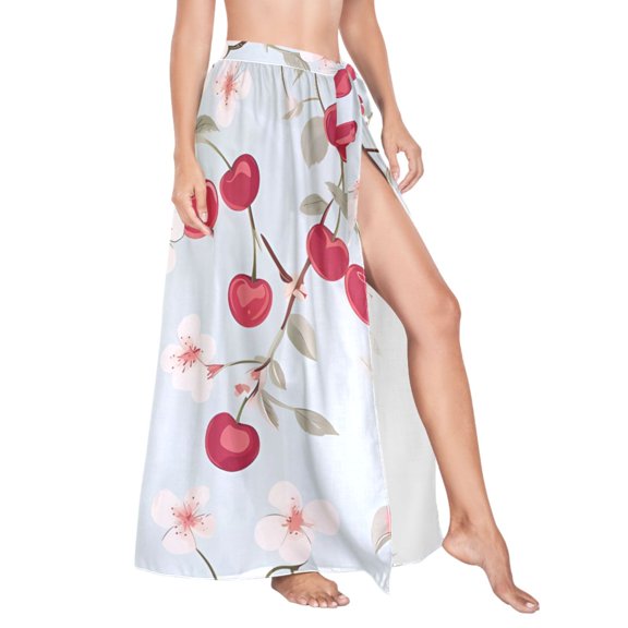 Women Sarong Wraps Flowers Cherry Print Swimsuit Beach Pareo Bikini Coverups Skirt M