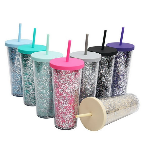D-GROEE 24OZ/710ml Glitter Tumbler With Straw Double Wall Acrylic Silver Glitter Cup,Leak-Proof, Juice Iced Coffee Tumbler Cup