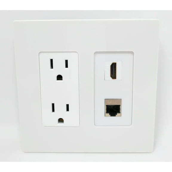 RiteAV - 15 Amp Power Outlet and 1 Port HDMI and 1 Port Shielded Cat6 Ethernet Decorative Type Screwless Wall Plate - White