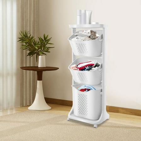 Rolling Laundry Hamper Storage Sorter, 3 Tier Rolling Laundry Hamper Cart White Laundry Baskets with Wheels for Kitchens Bathrooms Bedrooms Classrooms Laundry Rooms