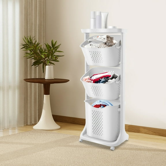 Rolling Laundry Hamper Storage Sorter, 3 Tier Rolling Laundry Hamper Cart White Laundry Baskets with Wheels for Kitchens Bathrooms Bedrooms Classrooms Laundry Rooms