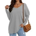 thumbnail image 3 of Scyoekwg Long Sleeve Shirts for Women Lightweight V Neck Casual Dressy Blouses Solid Color Fall Tops Pullover (Gray,XXL), 3 of 6