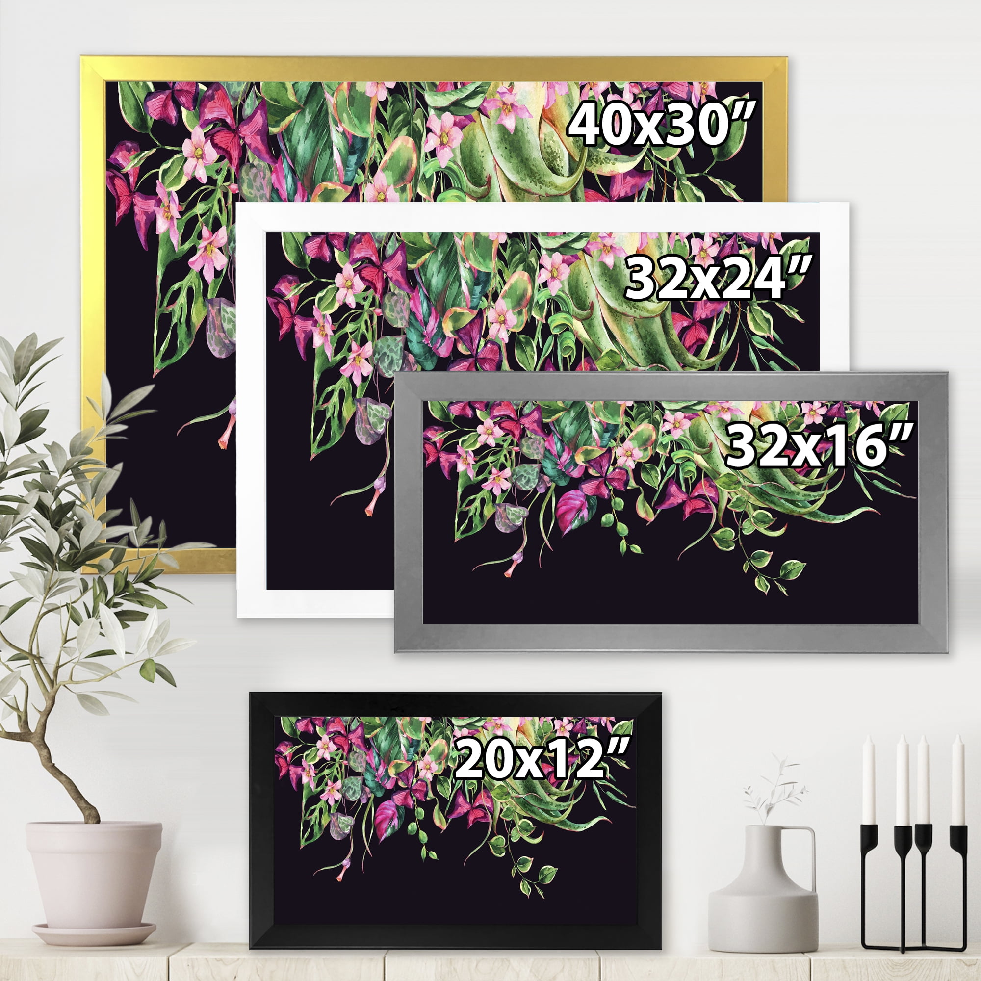 Designart 'Floral Tropical Leaves On Black Background' Farmhouse Framed Art Print
