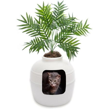 Original Hidden Litter Box & Reusable Liner Essentials Kit Round Enclosed Cat Planter Litter Box with Artificial Plants Vented Carbon Odor Filter System Easy to Black Suede