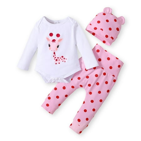 

Mikrdoo Baby Girl Clothes 9-12M Fawn Print Long Sleeve Romper 3PCS Baby Girl Summer Set