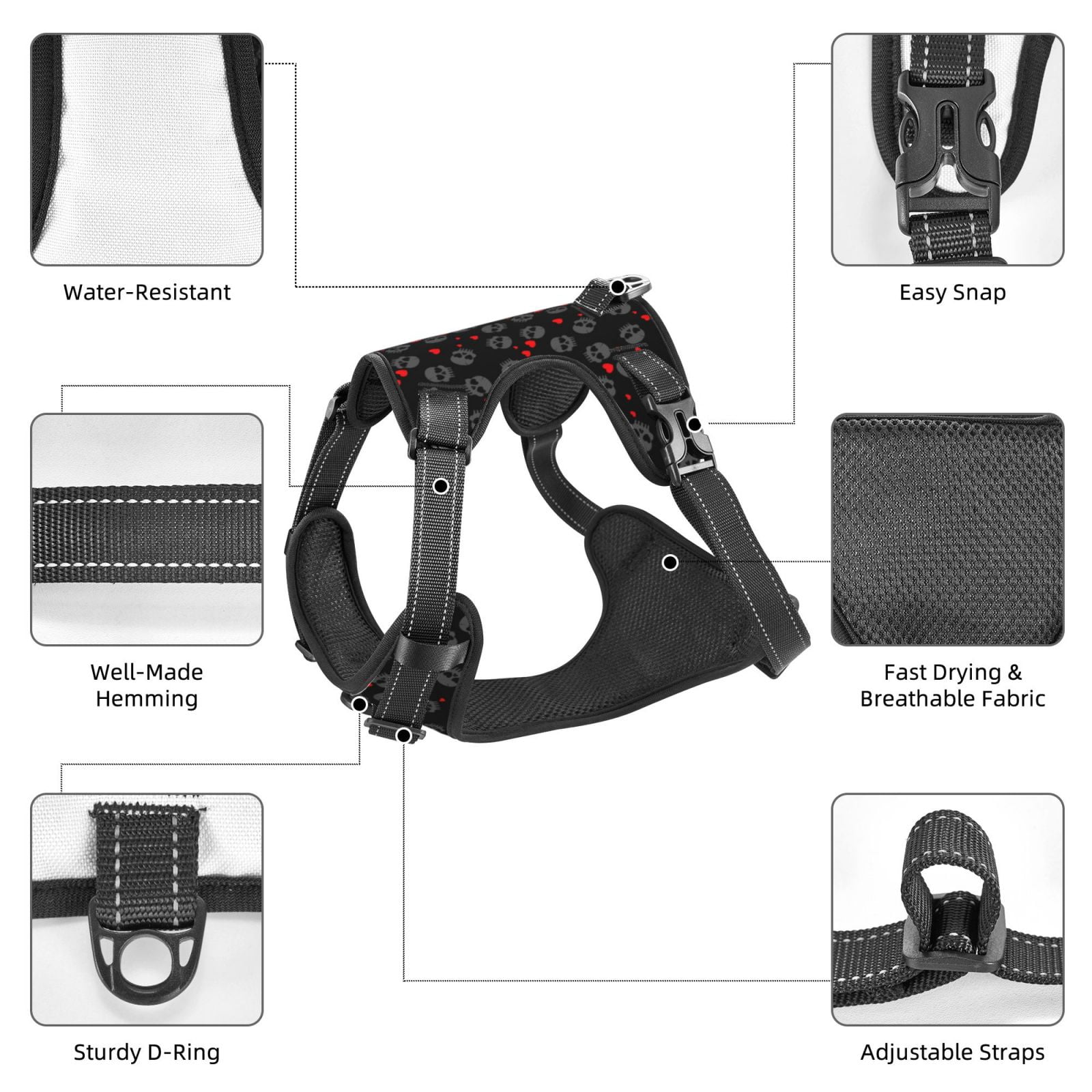 Fuzoiu Love Valentine's skull Print Reflective Dog Harness,Adjustable, Breathable Pet Vest,Dog Harness No Pull,No Choke Pet Vest for Small, Medium, and Large Dogs-Small