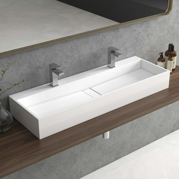 Weibath 47'' Bathroom Vessel Sink Double-Bowl Bathroom Sink Wall Mounted Trough Floating Sink in Matte White