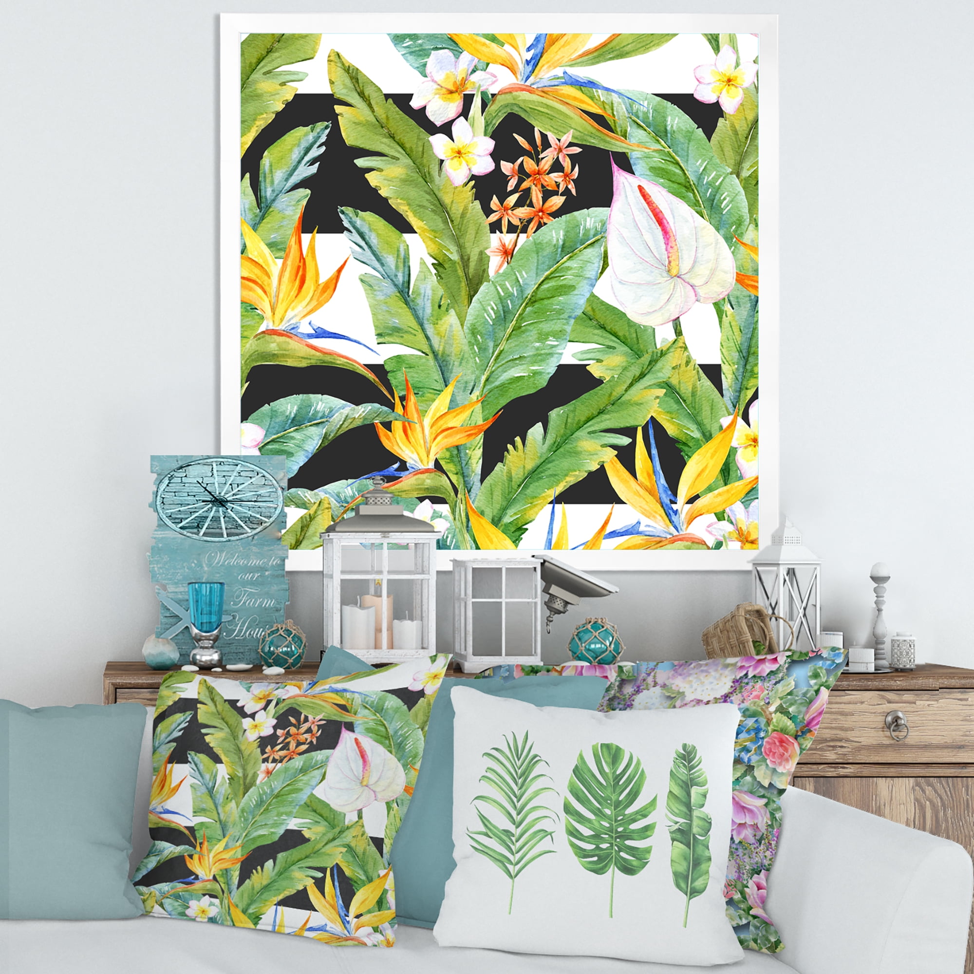 Designart 'Yellow Flowers and Tropical Foliage IV' Modern Framed Art Print