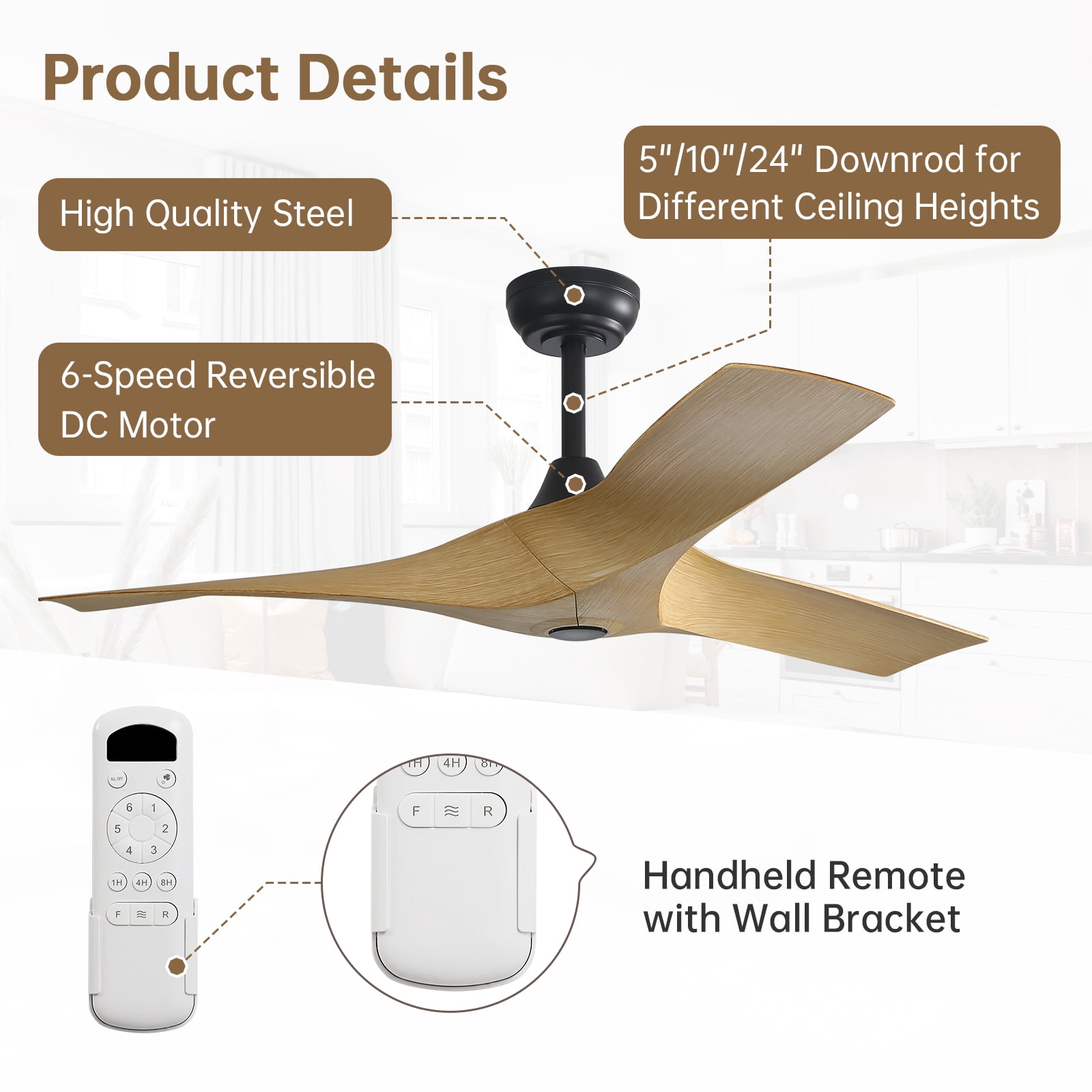Sofucor 52" Downrod ABS Ceiling Fans with Remote control ,Reverse Airflow,6 Wind Speed,Indoor&Outdoor Use,Sloped Ceiling Applicable