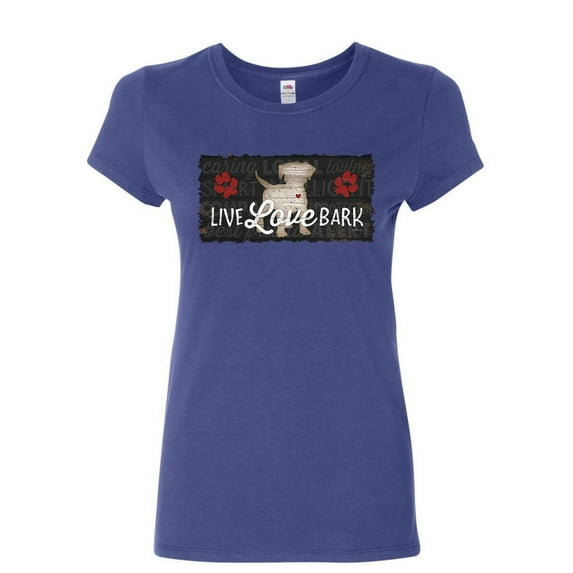 Tee Hunt Live Love Bark Women's T-Shirt Cute Dog Puppy Doggie Paw Wiggle Pet Woof Shirt, Blue, Small