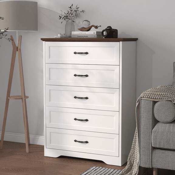 Kicctian 5 Drawer Dresser for Bedroom, Farmhouse Chest of Drawer with Metal Handles, Modern Wooden Storage Cabinet for Living Room, Hallway, Entryway, Contrast Color