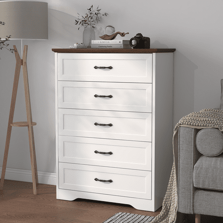 Kicctian 5 Drawer Dresser for Bedroom, Farmhouse Chest of Drawer with Metal Handles, Modern Wooden Storage Cabinet for Living Room, Hallway, Entryway, Contrast Color