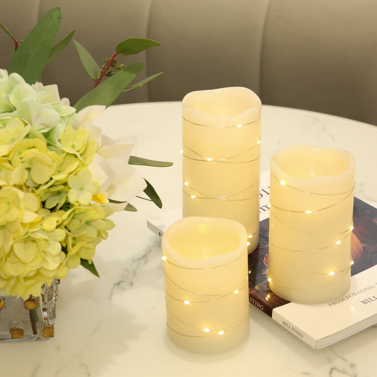 Flickering Flameless Candles Ivory Real Wax Pillar with Embedded String Lights LED Candles Battery Operated with Cycling 5H Timer Set of 3 (3" x 4"/5"/6")