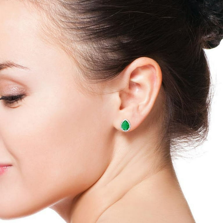ANGARA Natural Pear Shaped 1.2 ct Emerald Stud Earrings with Diamond Halo in 14K White Gold for Women Size 7x5mm May Birthstone Anniversary
