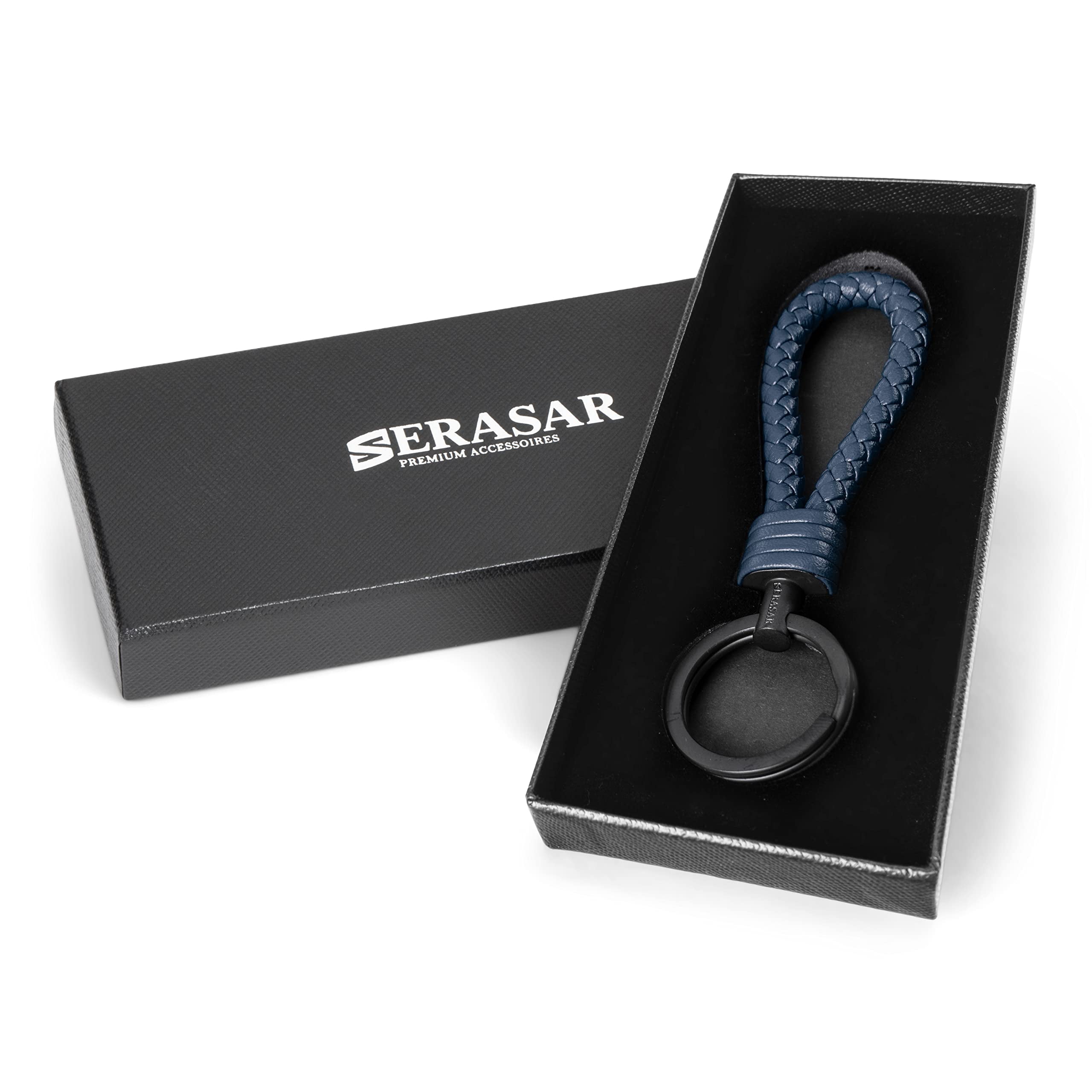 SERASAR Leather Keychain Holder [Strong] Blue Car Keyring Box Key Organizer