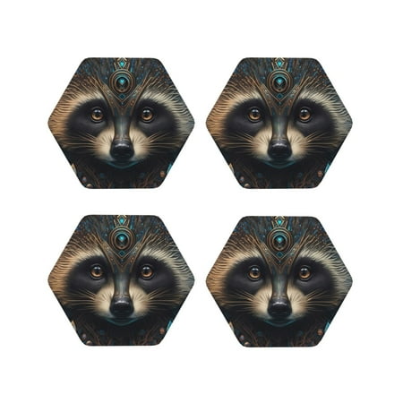 

Coasters Set of 4 - Tribal Style Raccoon Drink Coasters for Tabletop Protection Leather Coasters for Living Room Decor and Housewarming Gift Hexagon