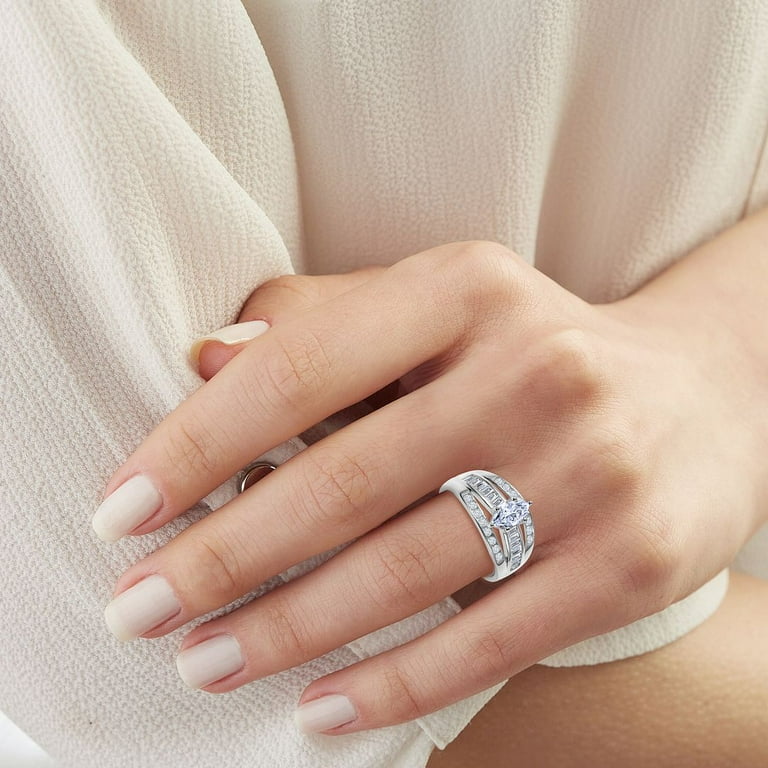 Domed Band Three Row Cubic Zirconia Ring Rhodium on Sterling Silver Nontarnish Domed Band Three Row Cubic Zirconia Ring Rhodium on Sterling Silver Nontarnish