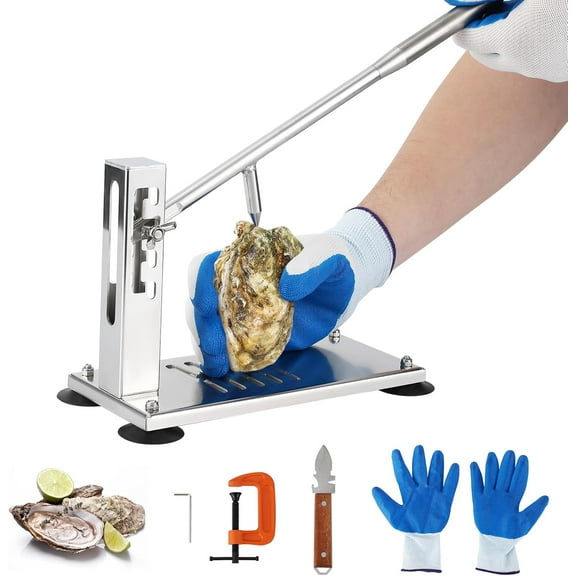 Oyster Clam Opener Machine Adjustable Oyster Shucker Machine 4-Level Tool Set, Portable Stainless Steel Clam Opener with Suction Cups, G-Clamp, Knives & Glove for Home Kitchen