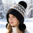 thumbnail image 4 of AVRNLIQ Womens Knit Beanie with Ear Flaps Fair Isle Pom Pom Winter Hat Black, 4 of 6
