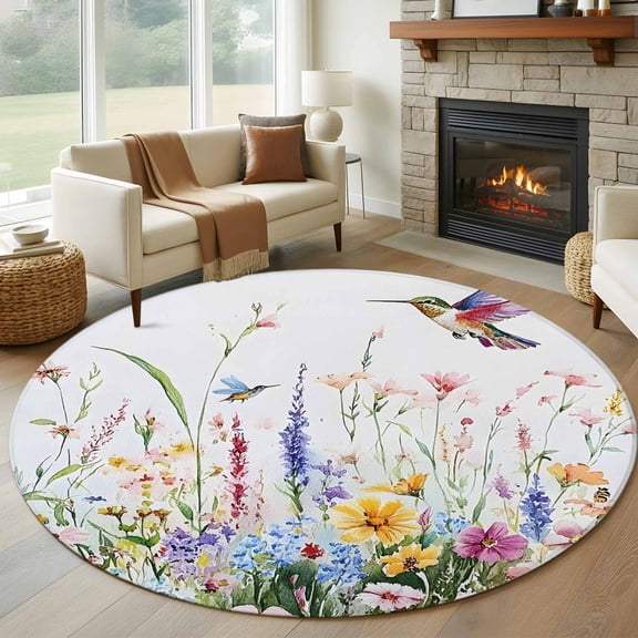 Hummingbird Floral Round Rug 5ft Washable Circle Kitchen Rugs Non Slip Farmhouse Floral Botanical Large Area Rug Indoor Floor Carpet for Bedroom Living Room Home Office Dining Room Nursery