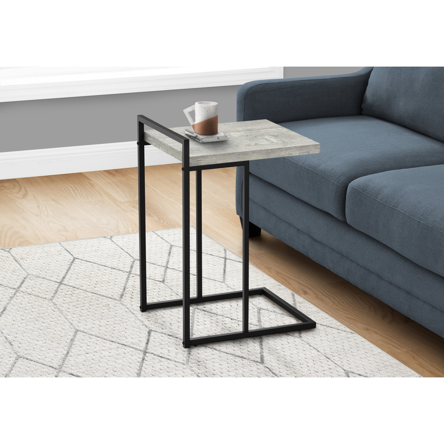 C-Shaped Accent Table for Living Room & Bedroom Small End Table with Reclaimed Wood Look Top