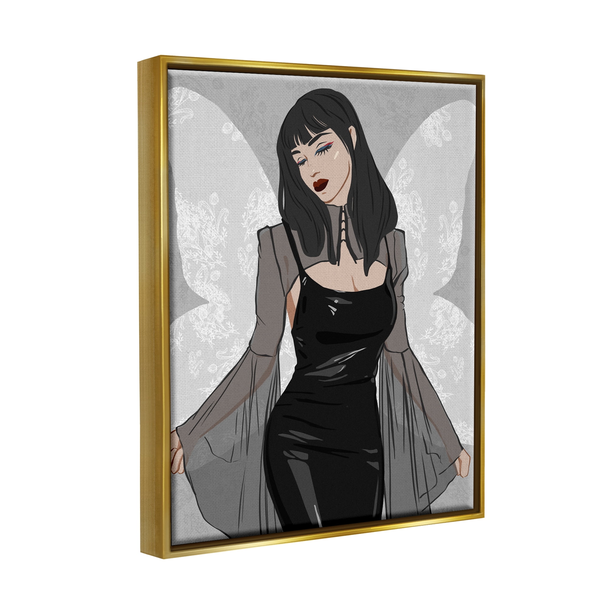Stupell Goth Fashion Girl Botanical Pattern Beauty & Fashion Painting Gold Floater Framed Art Print Wall Art