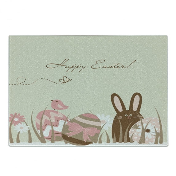 Easter Cutting Board, Pastel Toned Eggs Birds and Bunny on a Polka Dotted Background Seasonal Holiday, Decorative Tempered Glass Cutting and Serving Board, Small Size, Multicolor, by Ambesonne