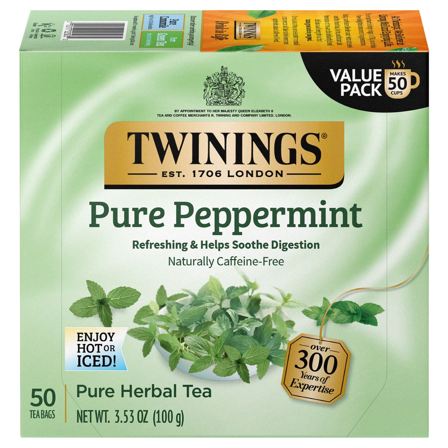 Twinings Pure Peppermint Herbal Tea Bags, Naturally Caffeine Free, 50 Count Box