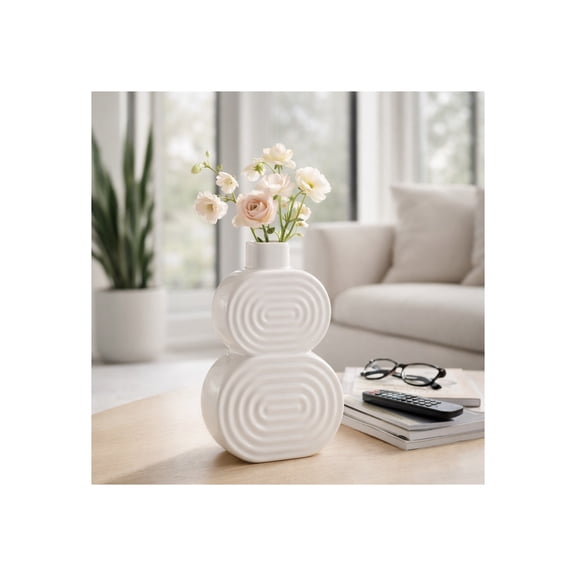 Modern Ceramic Stacked Circles Vase for Living Room Decor - Decorative Flower Vase for Bedroom, Home Office, and Entryway Table Display - Ideal House Decor and Shelf Accent - 10", White