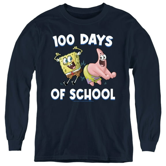 SpongeBob Patrick 100 Days of School Youth Long Sleeve T Shirt, Navy, Large