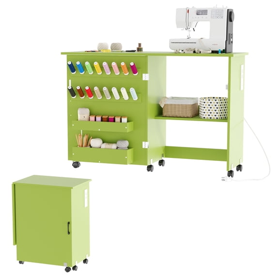 Folding Sewing Machine Table with Power Strip, Rolling Craft Station with Lockable Wheels, Storage Trays & Shelf, Space-Saving Sewing Machine Cabinet for Small Spaces