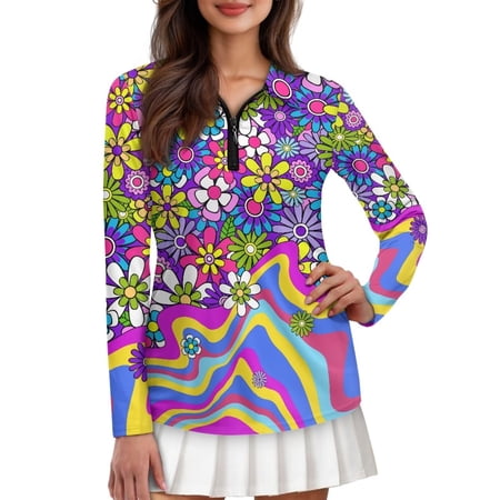 Pzuqiu Colorful Flower Athletic Golf Shirts Size XS Stretchy Long Sleeve for Women Trendy Pullover Workout Tops Practical Athletic Outfits Activewear for Outdoor Sports Wear