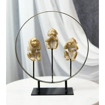 Golden See Hear Speak No Evil Monkeys In Peace Circle Ring Stand Decor Statue
