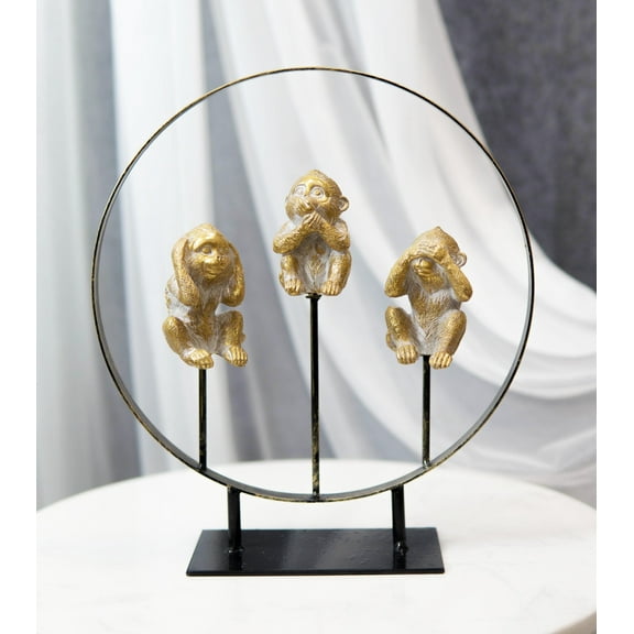 Golden See Hear Speak No Evil Monkeys In Peace Circle Ring Stand Decor Statue