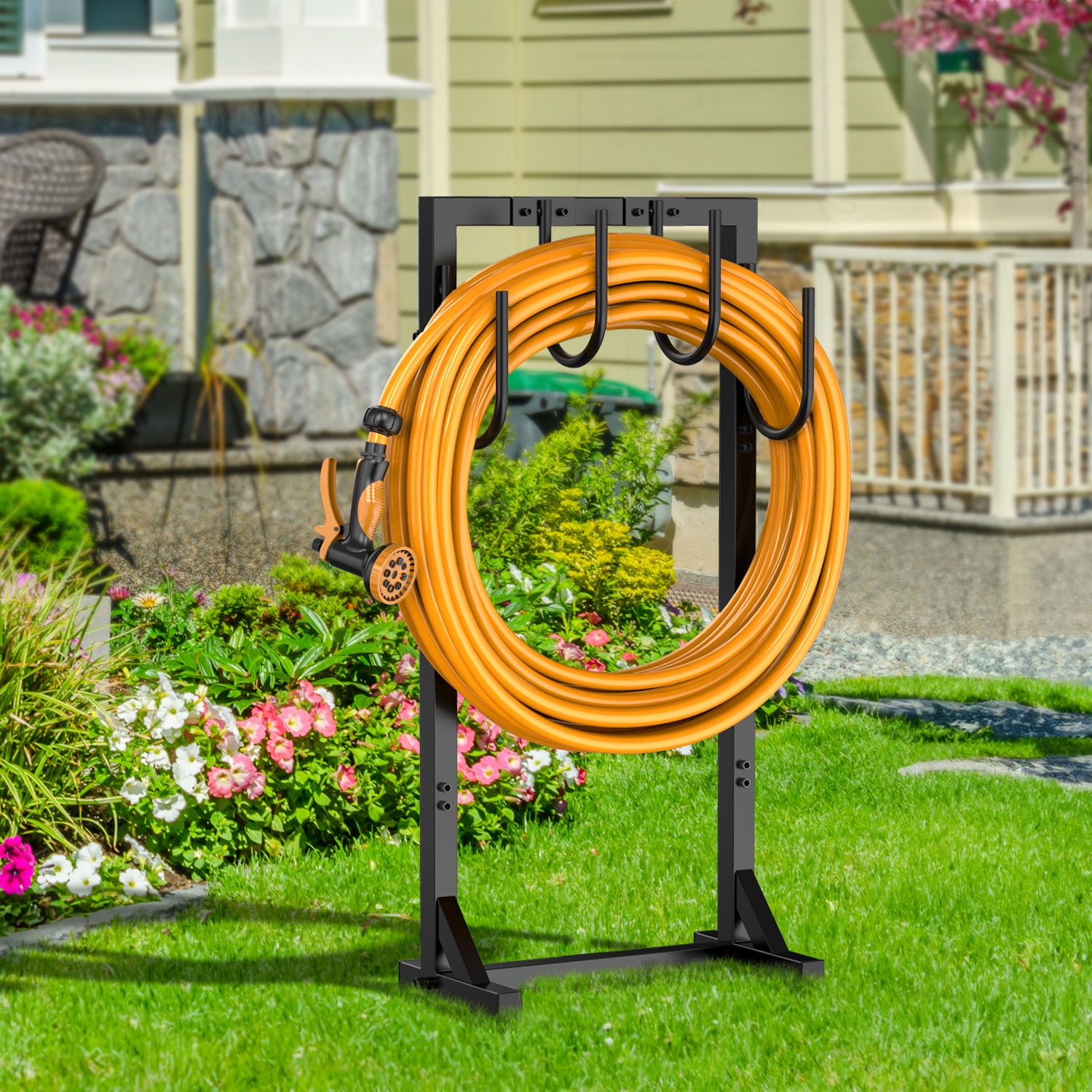 Garden Hose Holder Freestanding, Detachable Heavy Duty Metal Hose Stand with 6 Hooks, Water Hose Reel Rack Organizer
