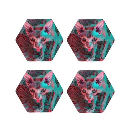 

Drink Coasters Set of 4 Psychedelic Hairless Cat Leather Coasters for Coffee Table Protector Heat Resistant Cute Coasters for Home Decor Housewarming Gifts Bar Kitchen 4 Inch Hexagon