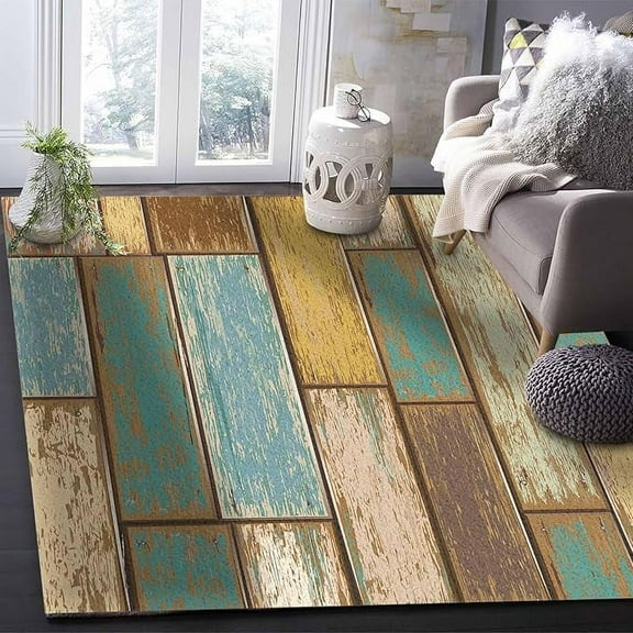 3 x 5ft Brown Wooden Area Rug, Modern Outdoor Living Room Bedroom Area Rug Carpet, Kitchen Rug Bath Mat Front Porch Floor Doormat Runner Rugs, Shabby Chic Countryside Plank Multi