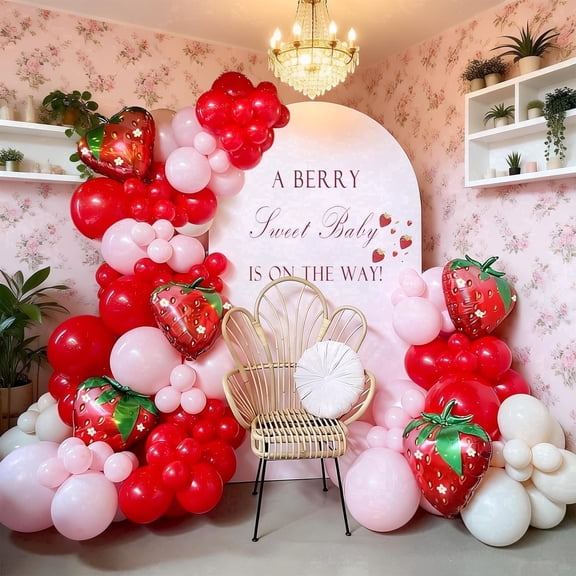 KiddiTouch Red and Pink Balloons, Strawberry Baby Shower Decorations, Garland Arch Kit for Sweet Girl One Berry First Birthday Party Decoration