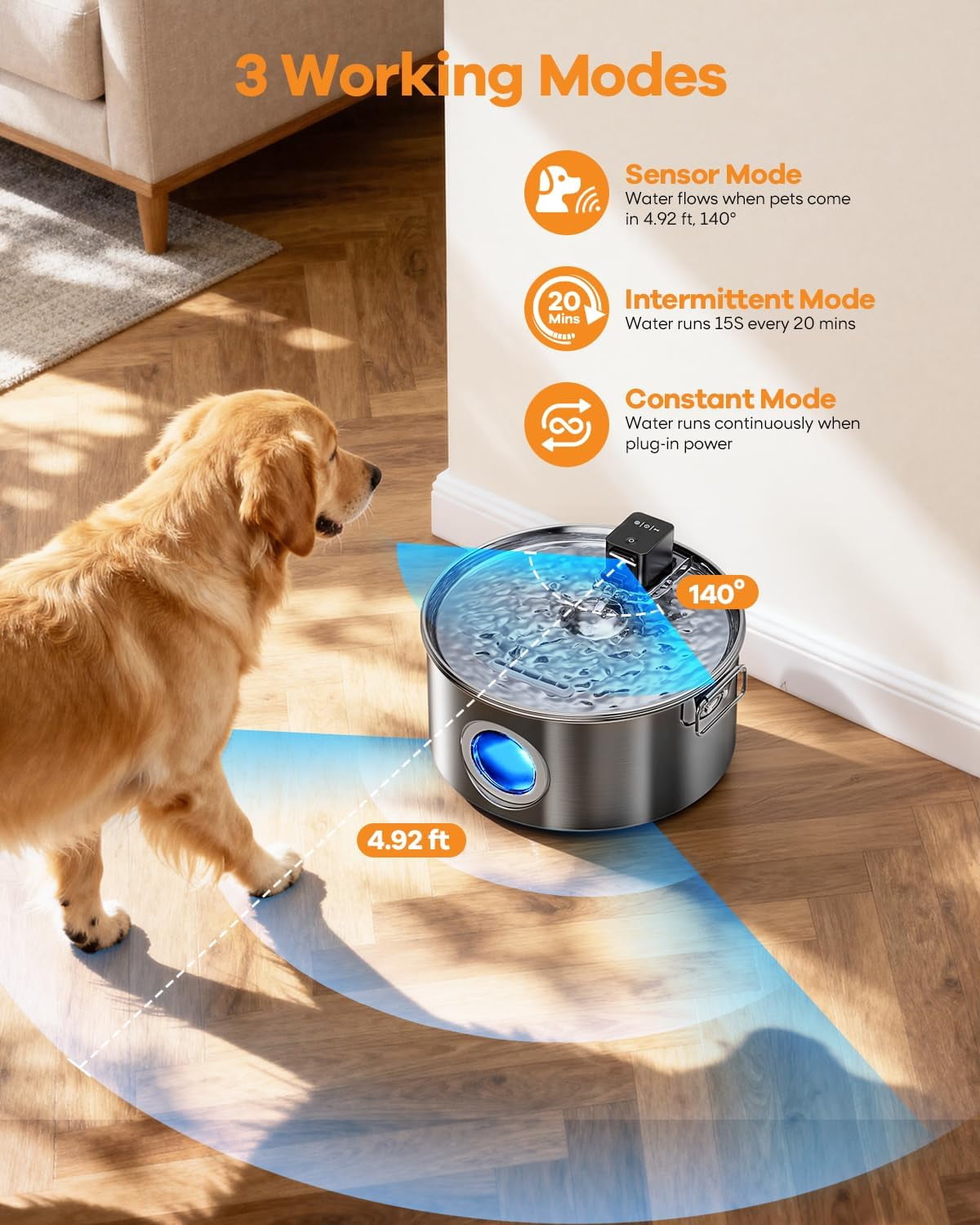 3.4Gal Wireless Automatic Dog Water Fountain, 12L Stainless Steel Pet Water Bowl Dispenser with 3 Modes, Ultra Quiet Multi-Filtration System for Large Dogs