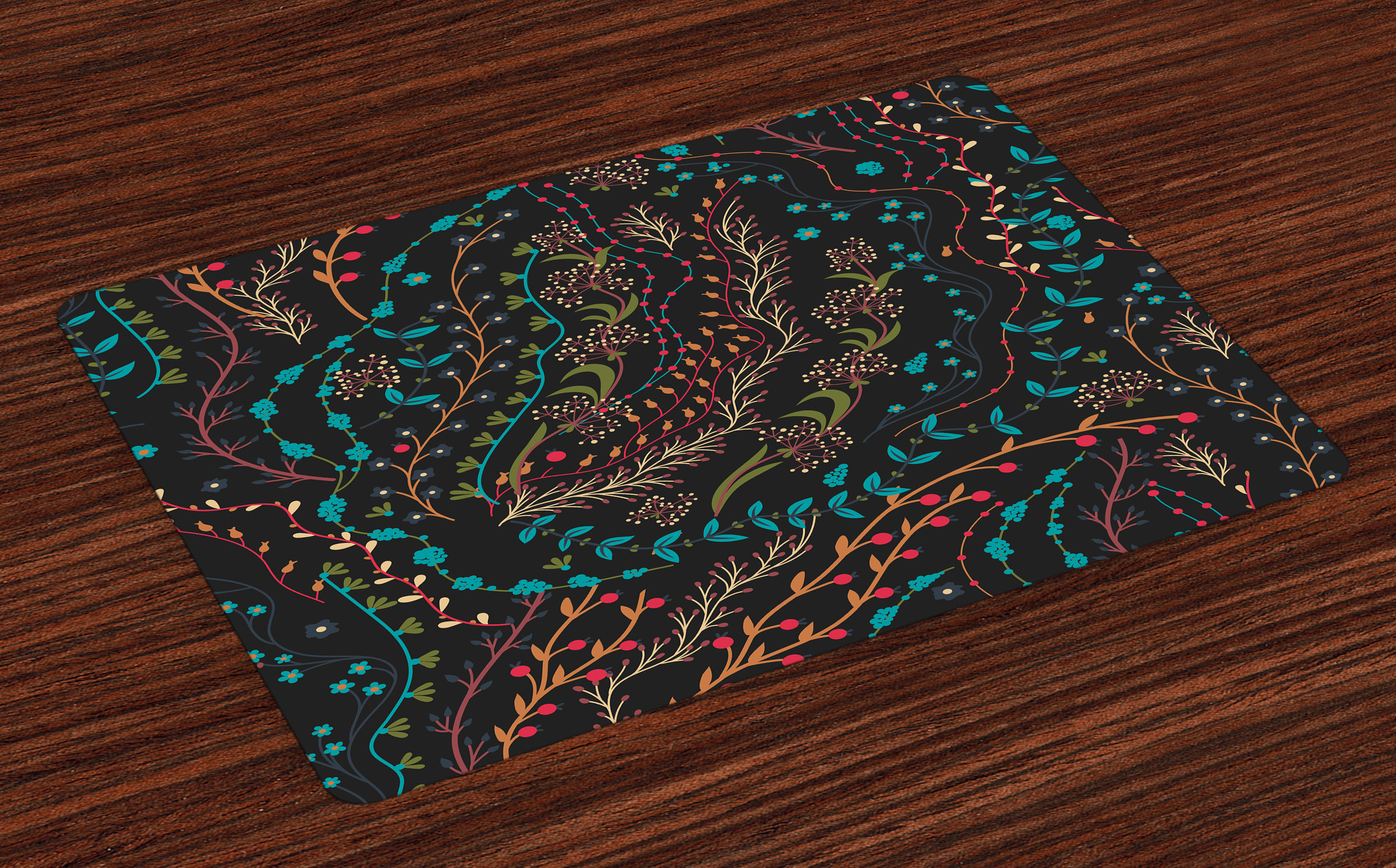 Floral Placemats Set of 4 Colorful Herbs and Flowering Stems on Dark