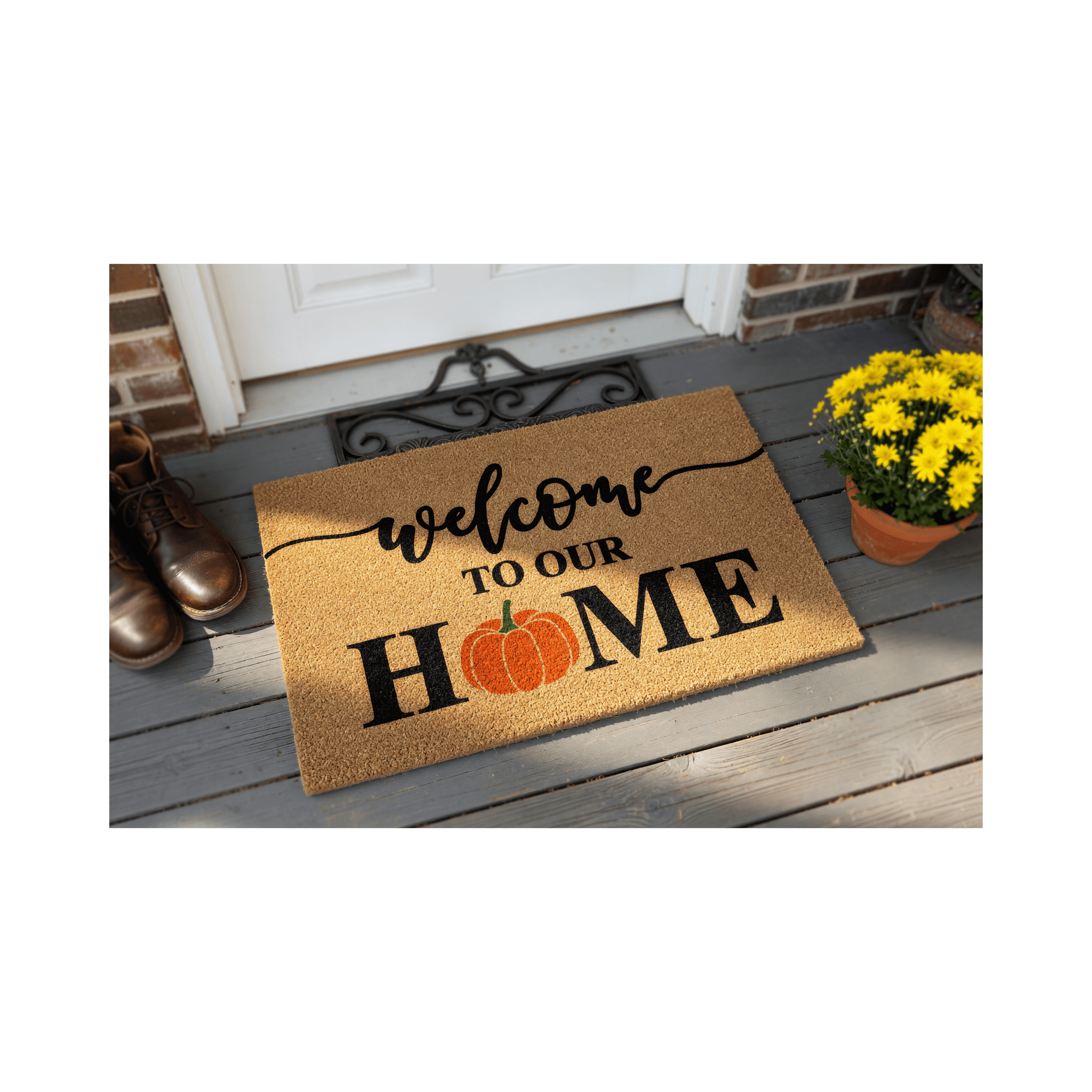 Welcome To Our Home Pumpkin Door Mat | Autumn Rustic Fall Doormat | Welcome Mat Decor | Farmhouse Door Mat | Fall Autumn Gift | Home Doormat