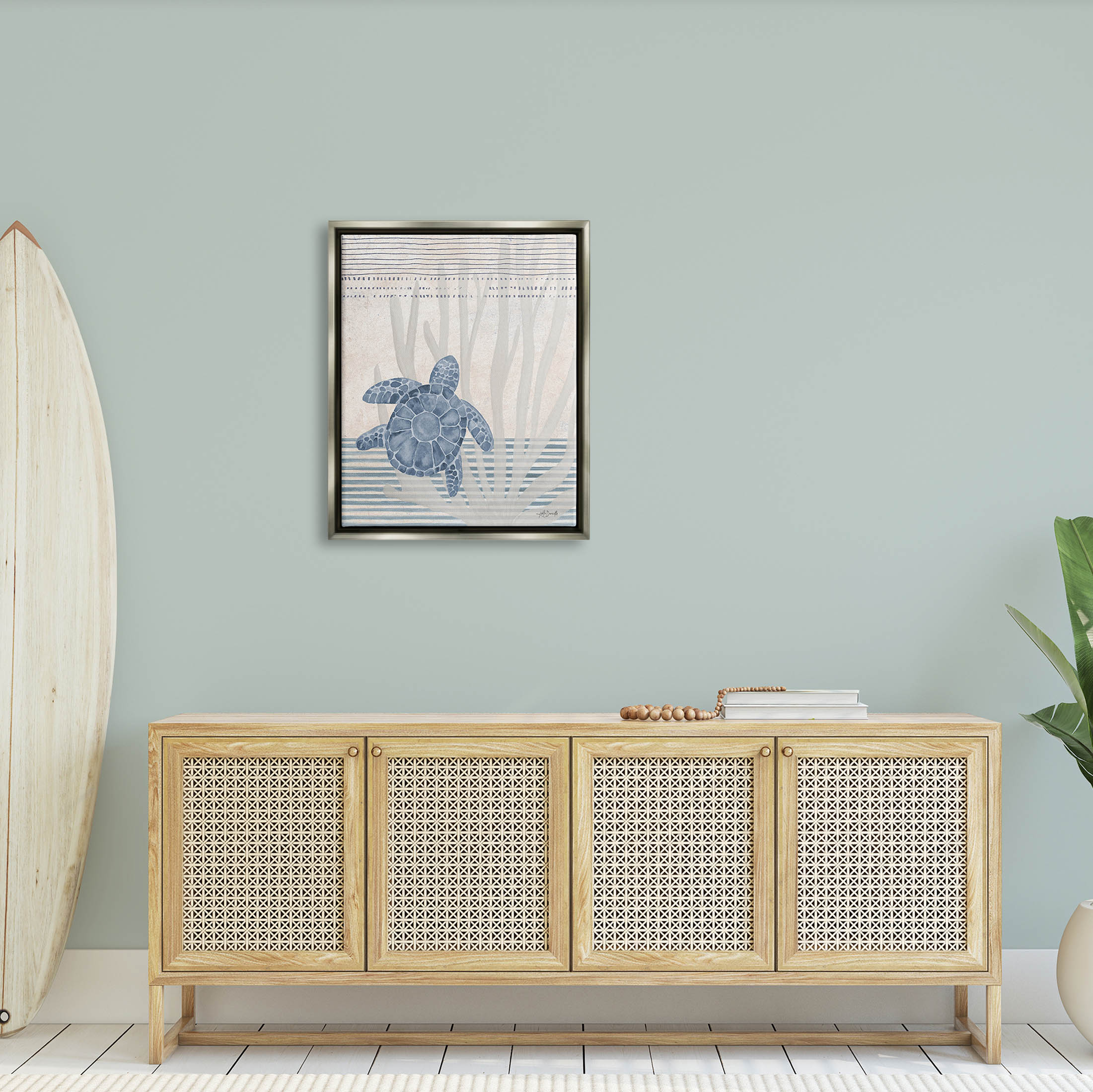 Stupell Industries Nautical Sea Turtle Patterned Stripes Graphic Art Luster Gray Floating Framed Canvas Print Wall Art, Design by Katie Doucette