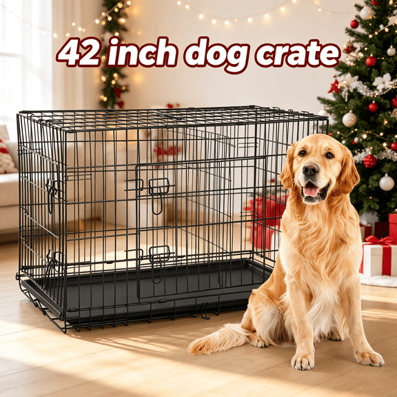 Dkelincs 42" Folding Dog Crate for Medium Large Dogs, Metal Dog Cage & Outdoor Dog Kennel with Double Doors & Removable Tray & Handle, Black