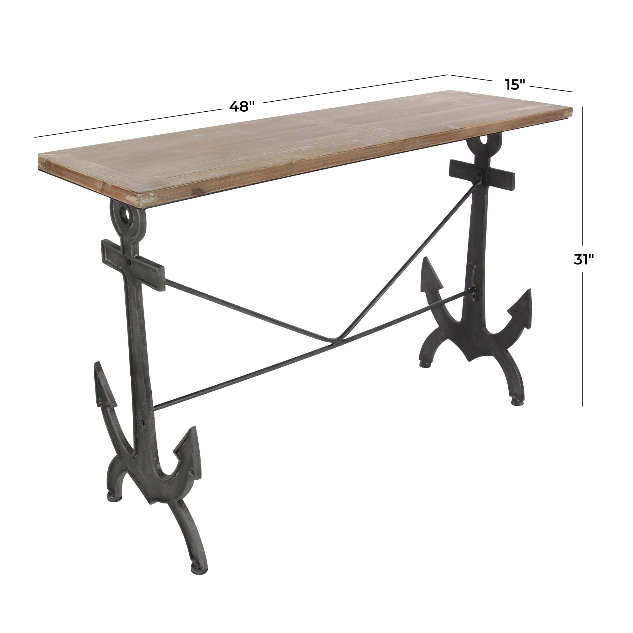 DecMode Brown/Black Coastal Rectangular Metal Console Table with Metal Anchor Shaped Base, 48"W x 31"H